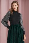 Sequin Mesh Sleeves Mock Neck Knit Top in Black