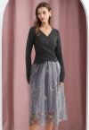 Mysterious Night Moon and Star Embroidered Mesh Tulle Skirt in Grey