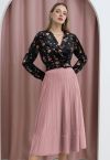 Silver Bead Embellished Seam Knit Midi Skirt in Pink