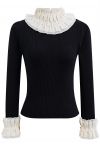 Pearl Ruffle Organza Adorned Knit Top in Black