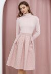 Embossed Heart Jacquard Pleated Flare Midi Skirt in Light Pink