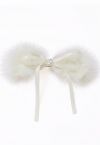 Heart Rhinestone Fuzzy Bowknot Hair Clip in Cream