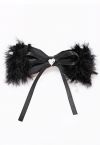 Heart Rhinestone Fuzzy Bowknot Hair Clip in Black