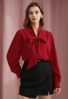 Dreamy Red Heart Bowknot Neckline Buttoned Shirt