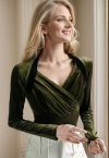 Surplice Neck Soft Velvet Top in Moss Green