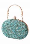 Full Beaded Rhinestone Oval Clutch in Turquoise