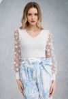 3D Floret Mesh Sleeves Spliced Knit Top in White