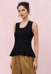 Scoop Neck Ruffle Hem Sleeveless Knit Top in Black