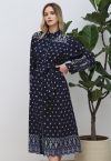 Tie-Waist Eyelet Embroidered Cotton Shirt Dress in Navy