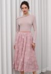 3D Rose Openwork Cotton Midi Skirt in Pink