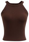 Ribbed Texture Halter Neck Crop Top in Brown