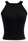 Ribbed Texture Halter Neck Crop Top in Black