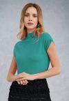 Solid Color Cap Sleeves Knit Top in Turquoise