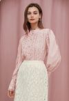 Exquisite Cutwork Bubble Sleeves Button-Up Shirt in Pink