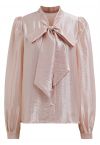 Texture Satin Self-Tie Bowknot Shirt in Coral