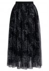 Shimmer Floral Mesh Tulle Midi Skirt in Black