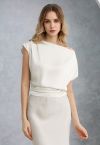 One-Shoulder Shirred Back Satin Top in Ivory