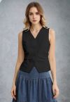 V-Neck Buttoned Down Ruched Vest in Black