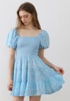 Floral Eyelet Bubble Sleeve Mini Dress in Blue