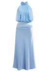 Graceful Halter Neck Chiffon Spliced Satin Dress in Blue