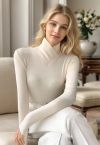 Faux-Wrap Mock Neck Long-Sleeve Top in Ivory