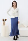 Easy Fringed Mermaid Knit Maxi Skirt in Blue