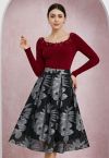 Enticing Floral Jacquard Pleated Organza Midi Skirt in Silver