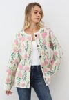 Pink Flowers Intarsia Jacquard Knit Buttoned Cardigan