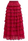 Contrasting Edges Tiered Ruffle Maxi Skirt in Red