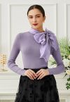 Organza Bowknot Neckline Knit Top in Lilac