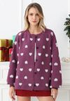 Fuzzy Heart Jacquard Knit Button Cardigan in Violet