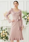 Ruffle Charm Tie Sash Ribbed Knit Dress in Dusty Pink