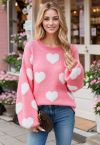 Contrast Fuzzy Heart Crew Neck Knit Sweater in Candy Pink