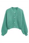 Puff Sleeves Buttoned Crop Chunky Knit Cardigan in Turquoise