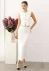 Button Down Crop Vest and Maxi Skirt Set in White