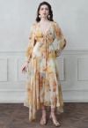 Watercolor Floral Tie Front Asymmetric Chiffon Maxi Dress