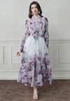 Watercolor Rose Garden Tie-Neck Belted Organza Maxi Dress in Purple