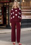 Heart Patch Knit Sweater and Pants Set in Burgundy