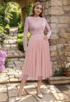 Ravishing Sequins Mesh Tulle Midi Skirt in Pink