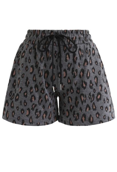 Leopard Print Drawstring Pockets Shorts in Smoke