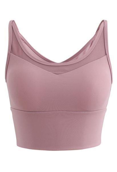 Mesh Spliced Crisscross Medium-Impact Sports Bra in Berry