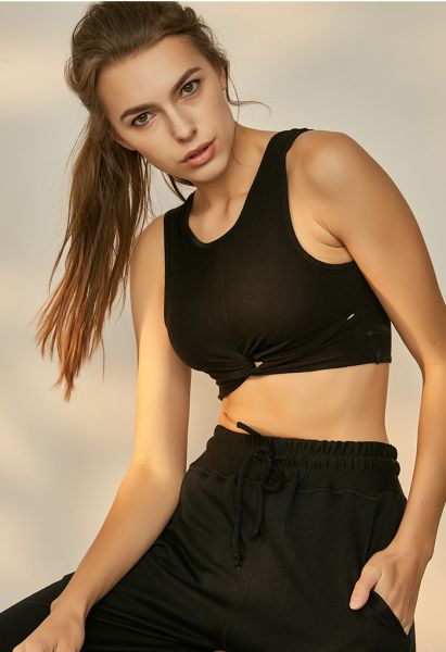 Twist Front Ribbed Sleeveless Low-Impact Sports Bra in Black