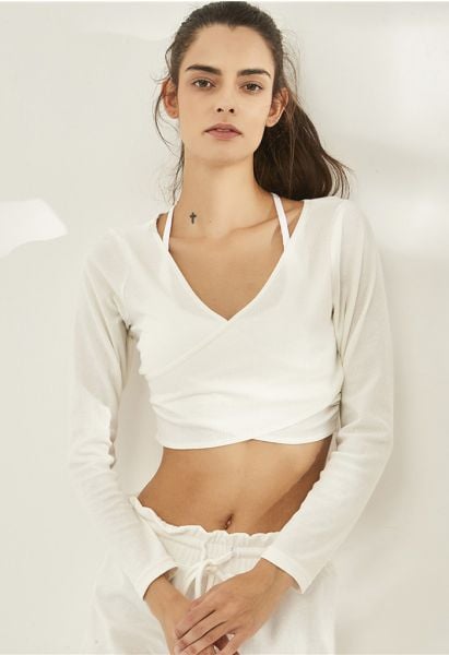 Crisscross Front Long Sleeves Ribbed Top in White