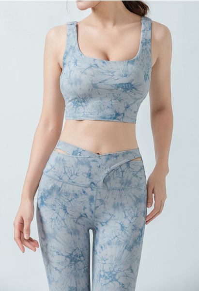 Tie-Dye Elasticated Cutout Back Sports Bra in Blue