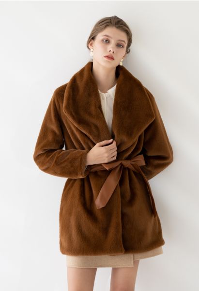 Faux Fur PU Leather Belted Coat in Brown