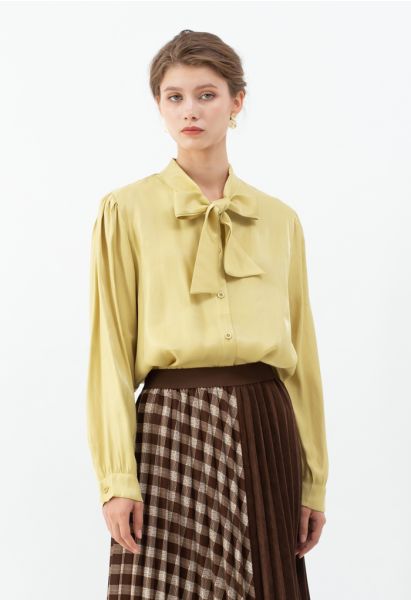 Shimmer Bowknot Button Down Shirt in Mustard