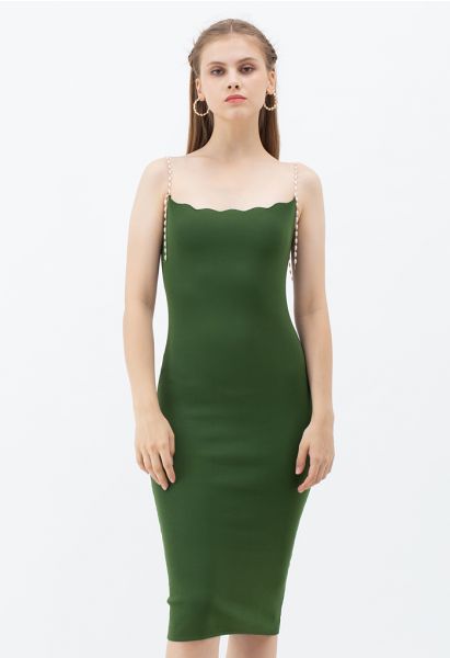 Pearl Straps Bodycon Knit Cami Dress in Green