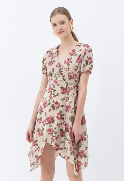 Retro Rose Printed Self-Tie Wrap Asymmetric Dress