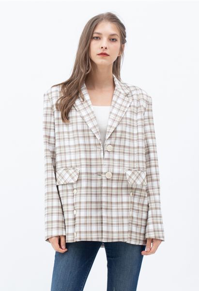 Plaid Single Breasted Buttoned Hem Blazer in Sand