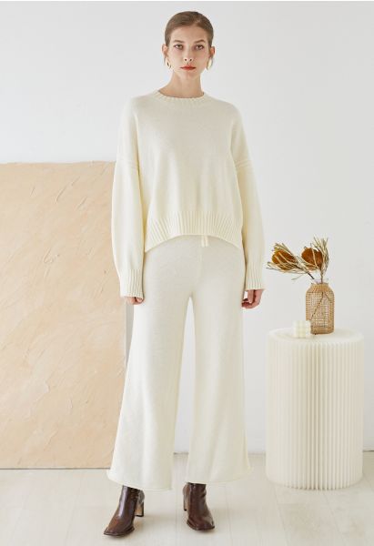 Waffle Knit Hi-Lo Sweater and Wide Leg Pants Set in Cream